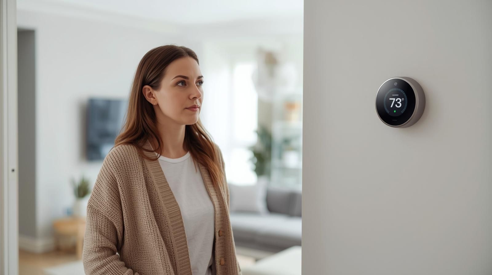 Woman with smart thermostat in modern home